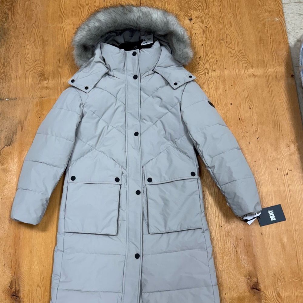 DKNY Light Gray Puffer Jacket with Faux Fur Trim